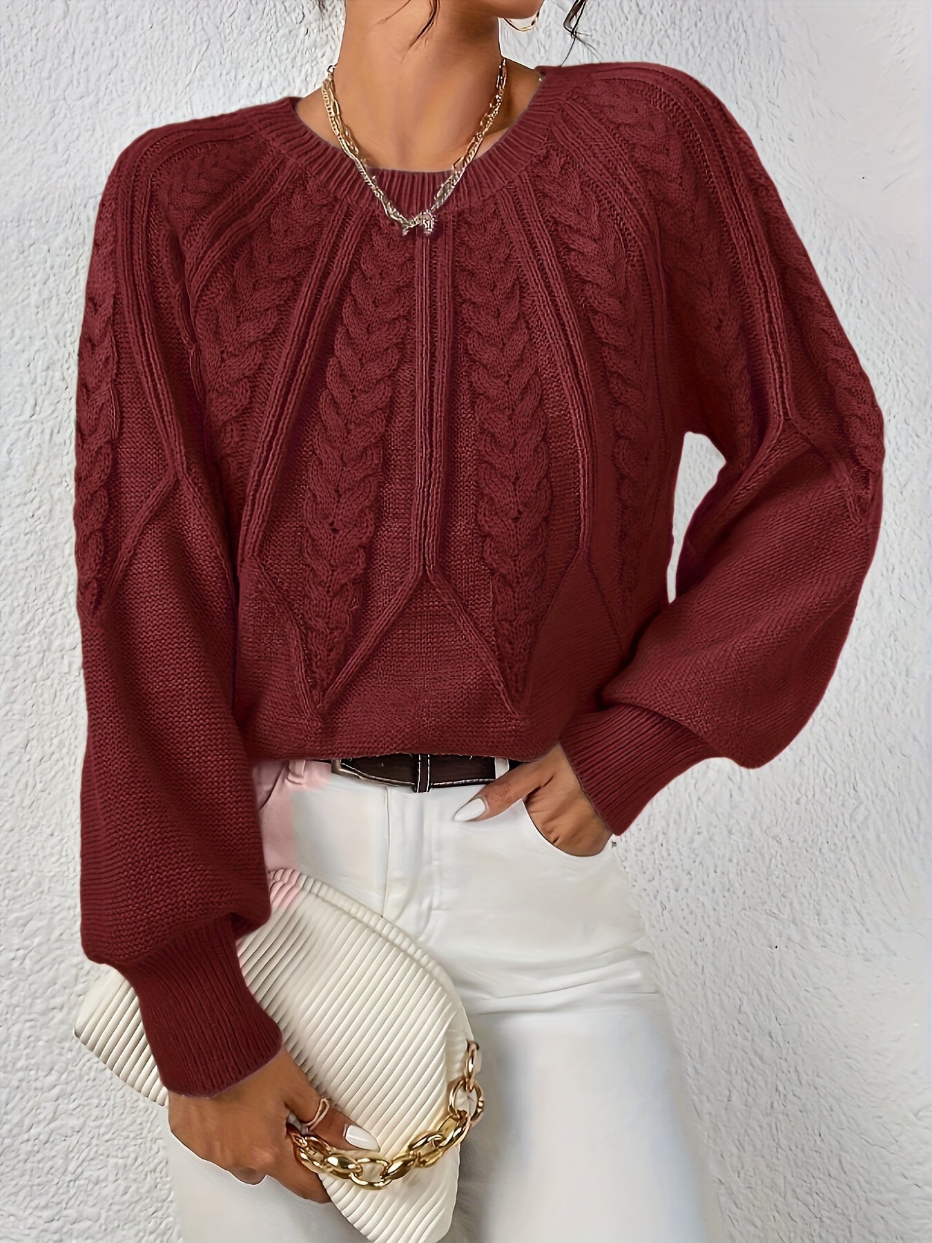 Women's Cable Knit Sweater with Relaxed Fit and Lantern Sleeves for Everyday Wear