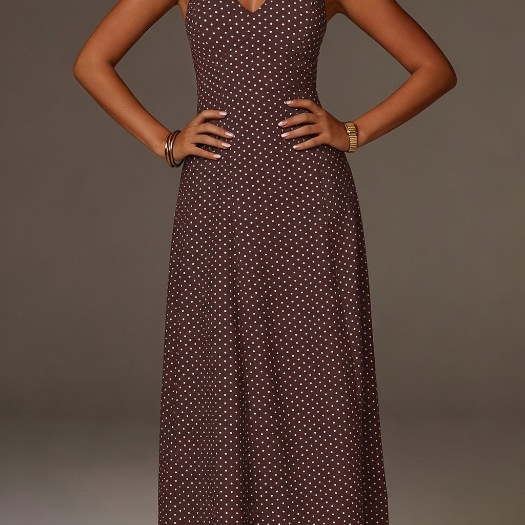 Halter Neck Polka Dot Maxi Dress Deep V Smocked Bodice Sleeveless Holiday Apparel