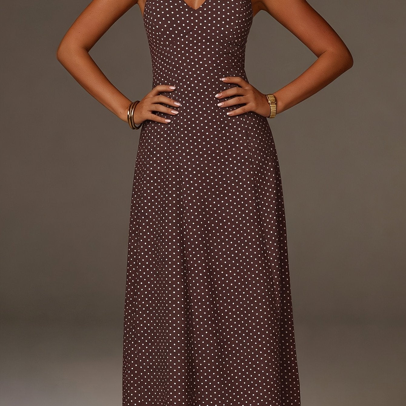 Halter Neck Polka Dot Maxi Dress Deep V Smocked Bodice Sleeveless Holiday Apparel