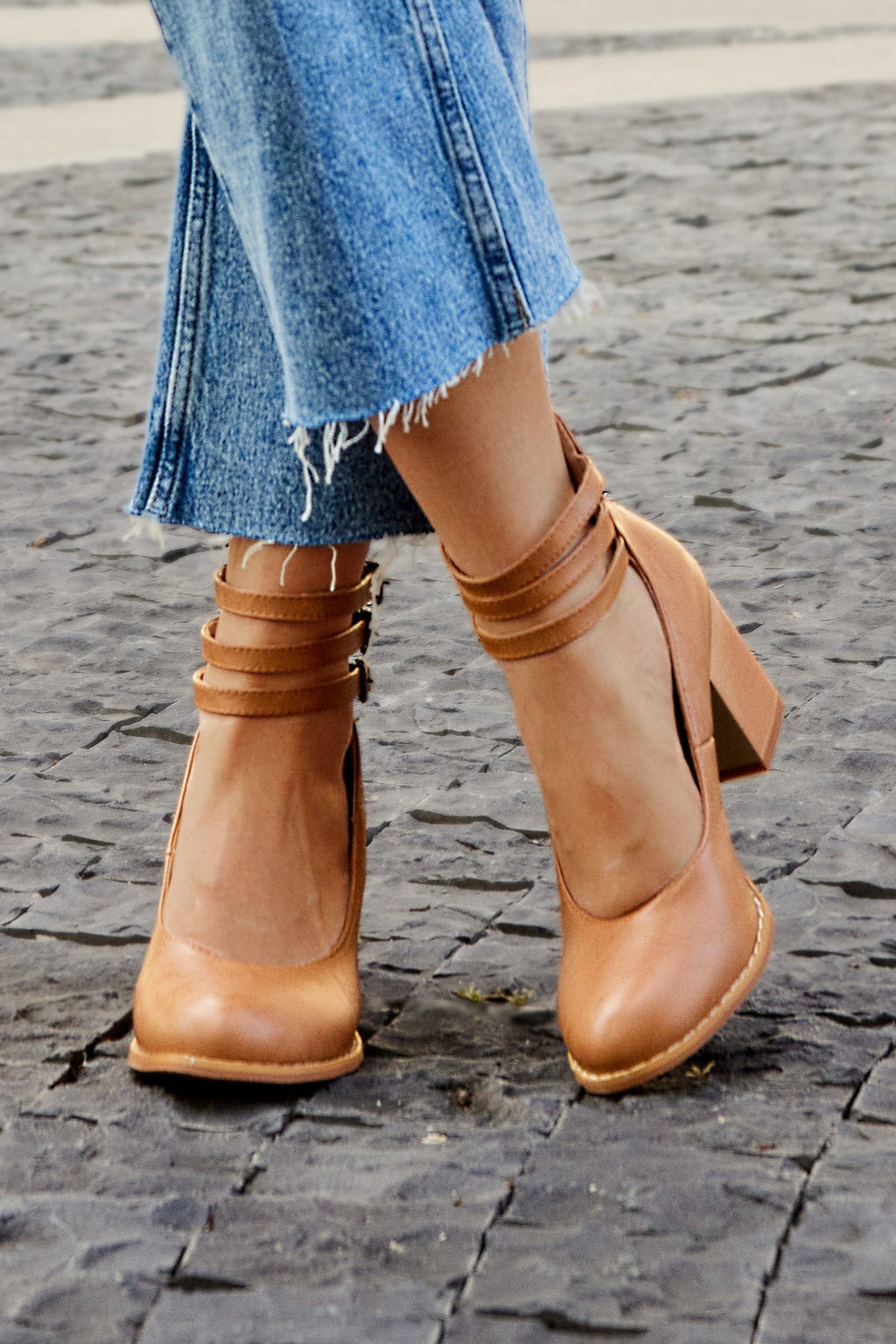 Women’s triple strap block heels — synthetic leather office footwear
