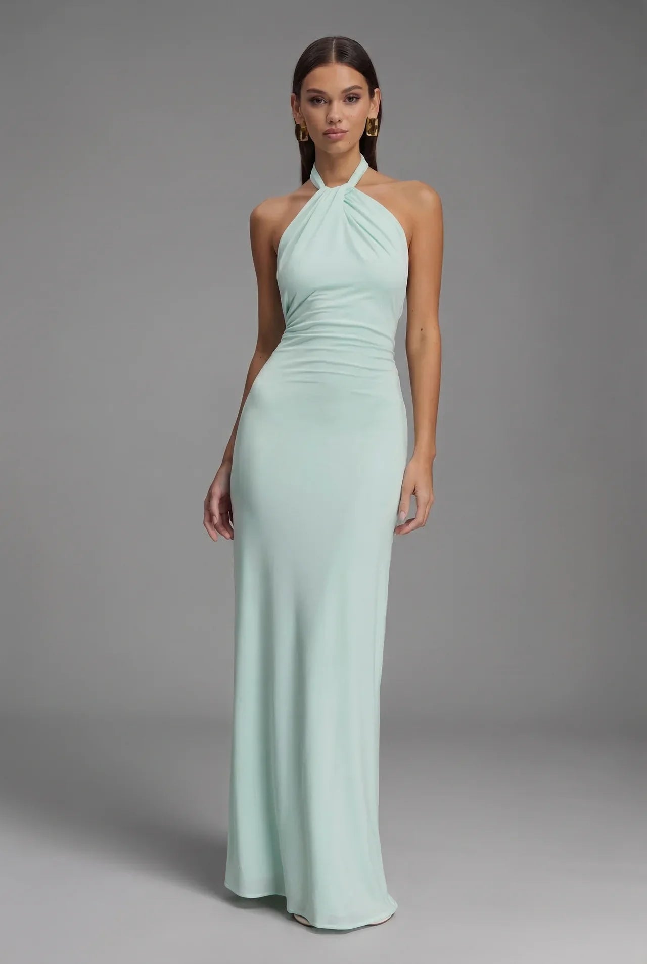 Open Back Halter Maxi Gown in Smooth Satin with Ruched Detailing