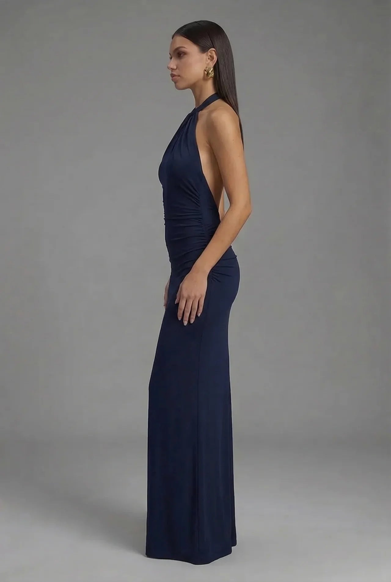 Open Back Halter Maxi Gown in Smooth Satin with Ruched Detailing