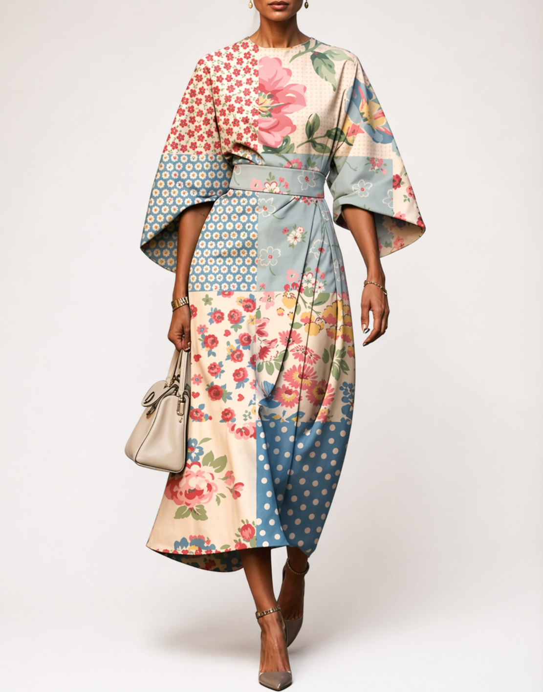 Women's patchwork midi dress — kimono sleeves — artistic event