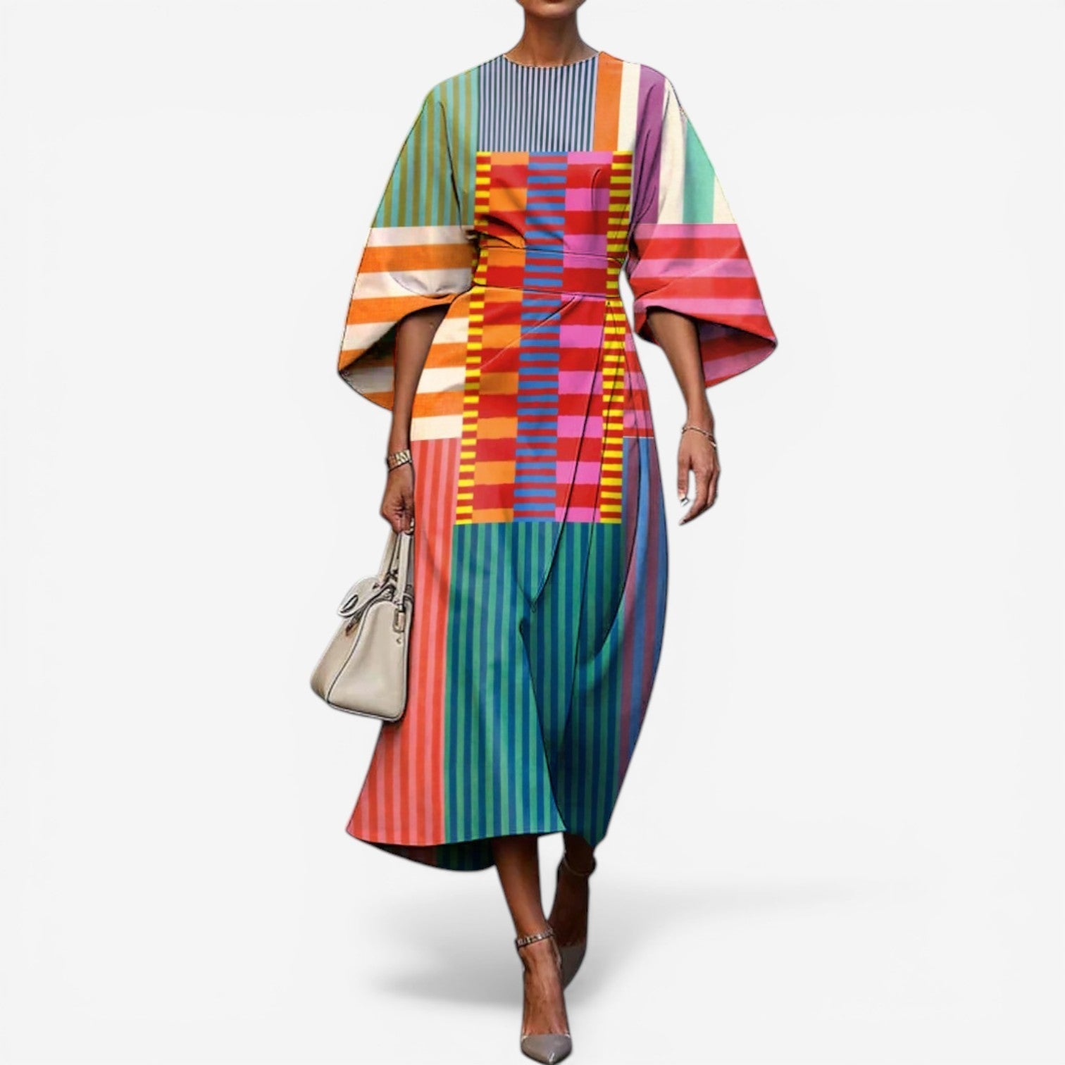 Women's patchwork midi dress — kimono sleeves — artistic event