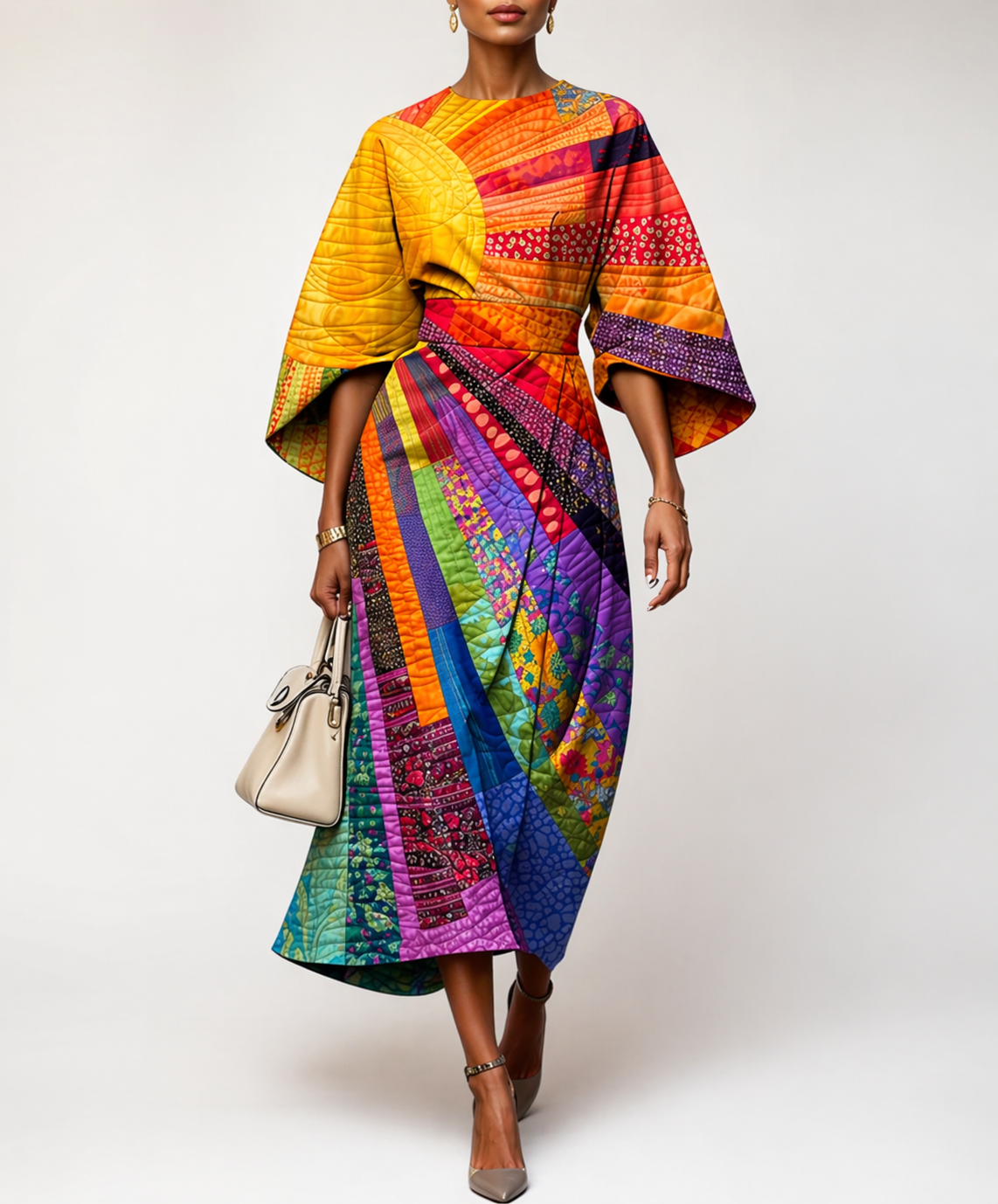 Women's patchwork midi dress — kimono sleeves — artistic event