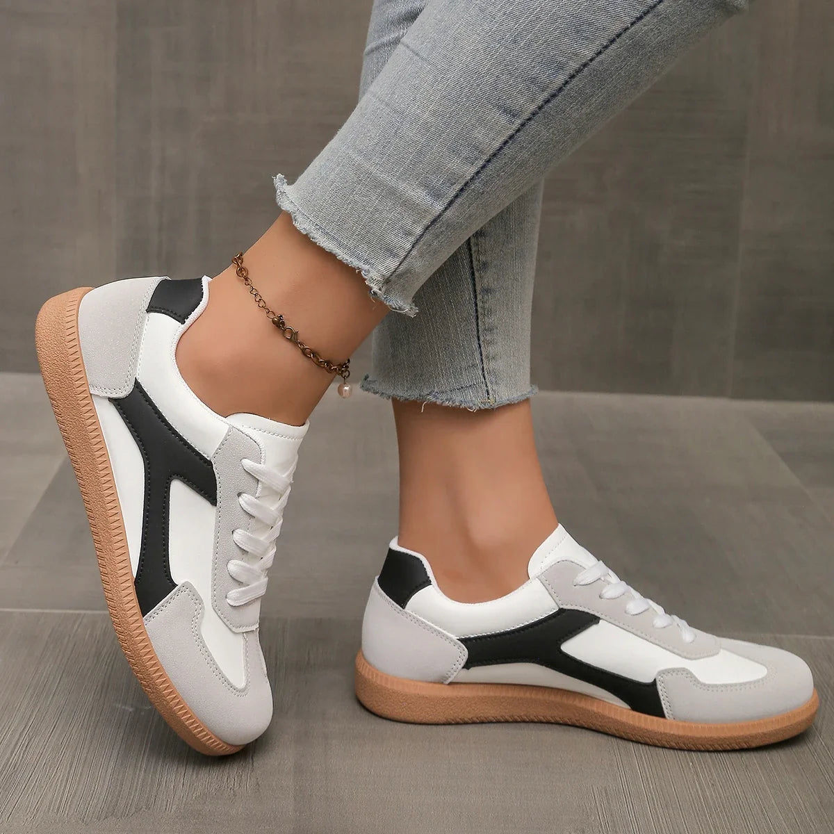 Women's Sneakers Leather Low Profile Gum Sole Cushioned Retro Casual