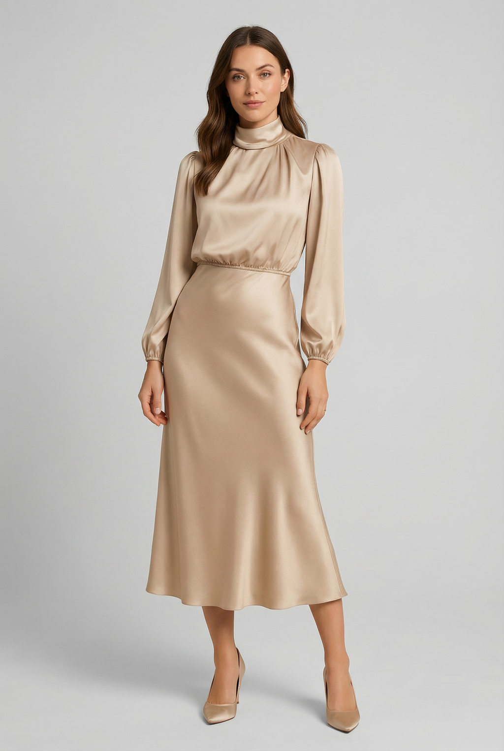 Women's High Neck Satin Midi Dress Long Sleeve High Waist Formal Evening Gown