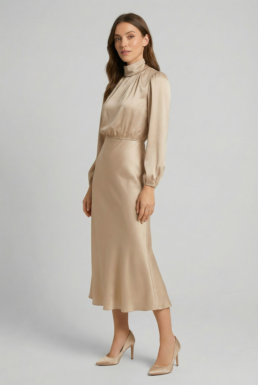 Women's High Neck Satin Midi Dress Long Sleeve High Waist Formal Evening Gown