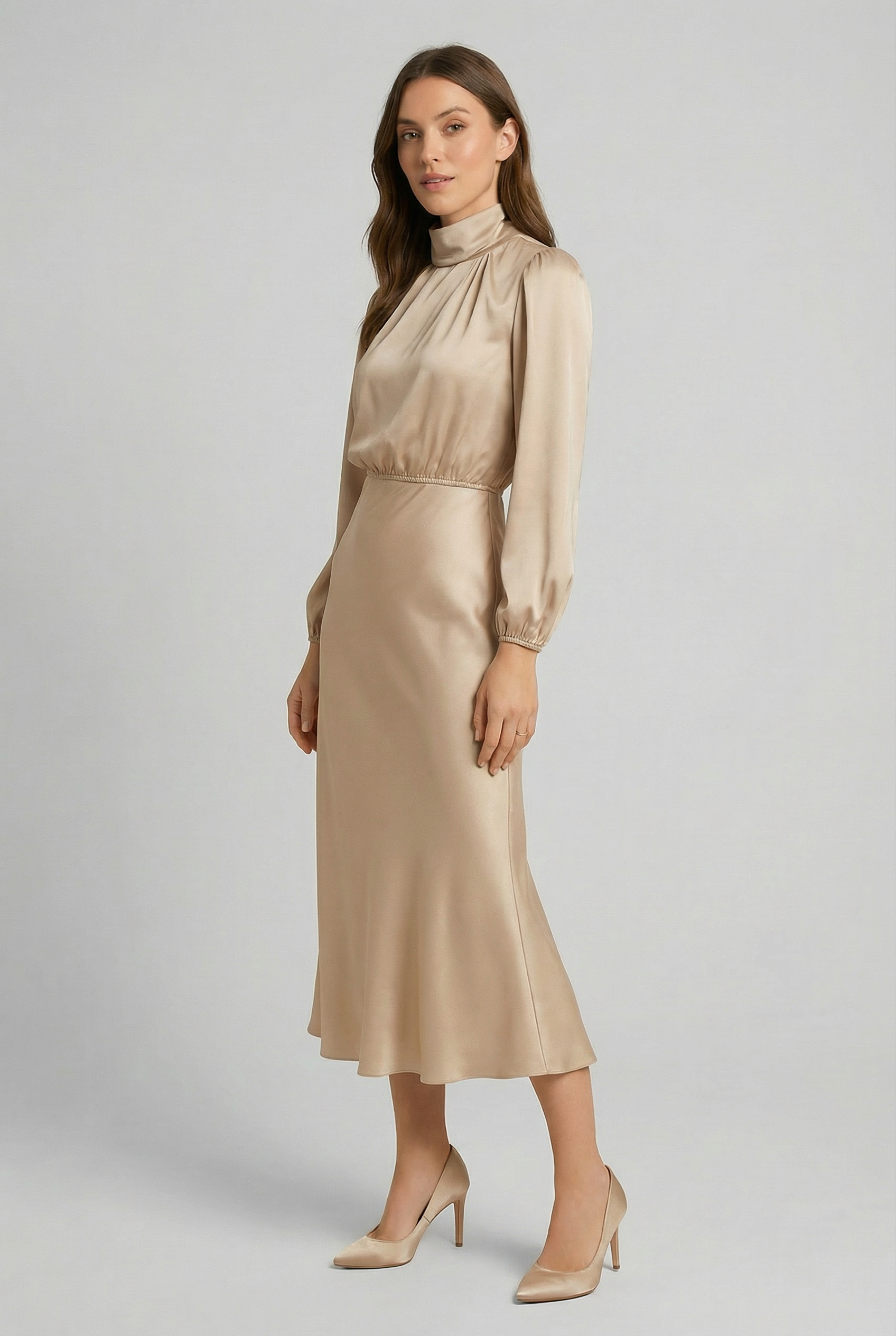 Women's High Neck Satin Midi Dress Long Sleeve High Waist Formal Evening Gown