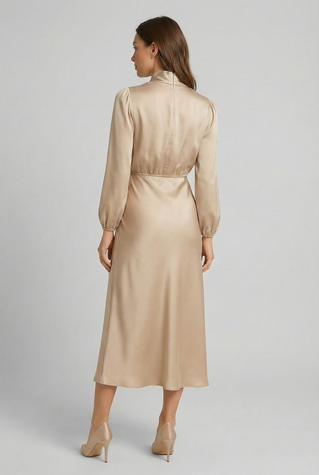 Women's High Neck Satin Midi Dress Long Sleeve High Waist Formal Evening Gown