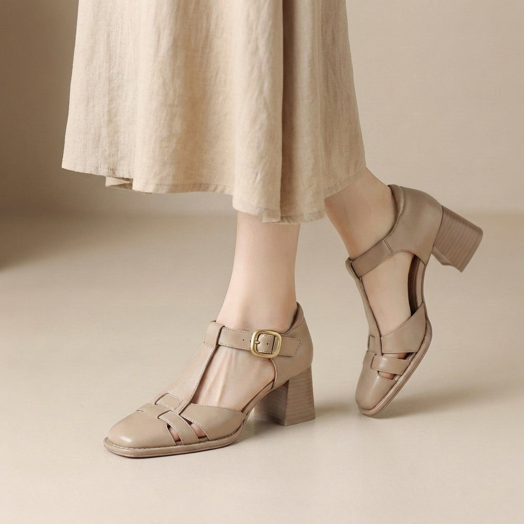 Women's Block Heel Sandals Faux Leather Caged Square Toe Ankle Strap Walking Shoes
