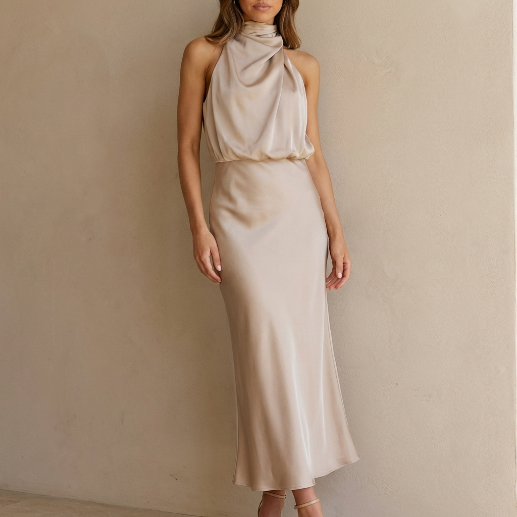 Satin Halter Neck Midi Dress Draped Blouson Waist Sleeveless Body Skimming Evening Wear