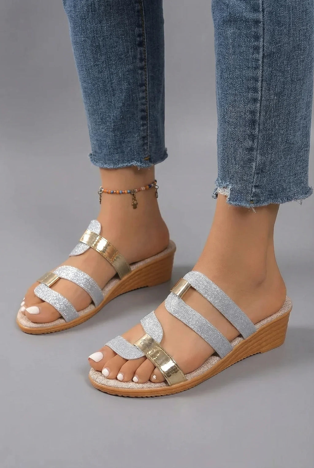 Women's Wedge Slide Sandals Triple Parallel Straps Glitter Detail Open Toe Shoes
