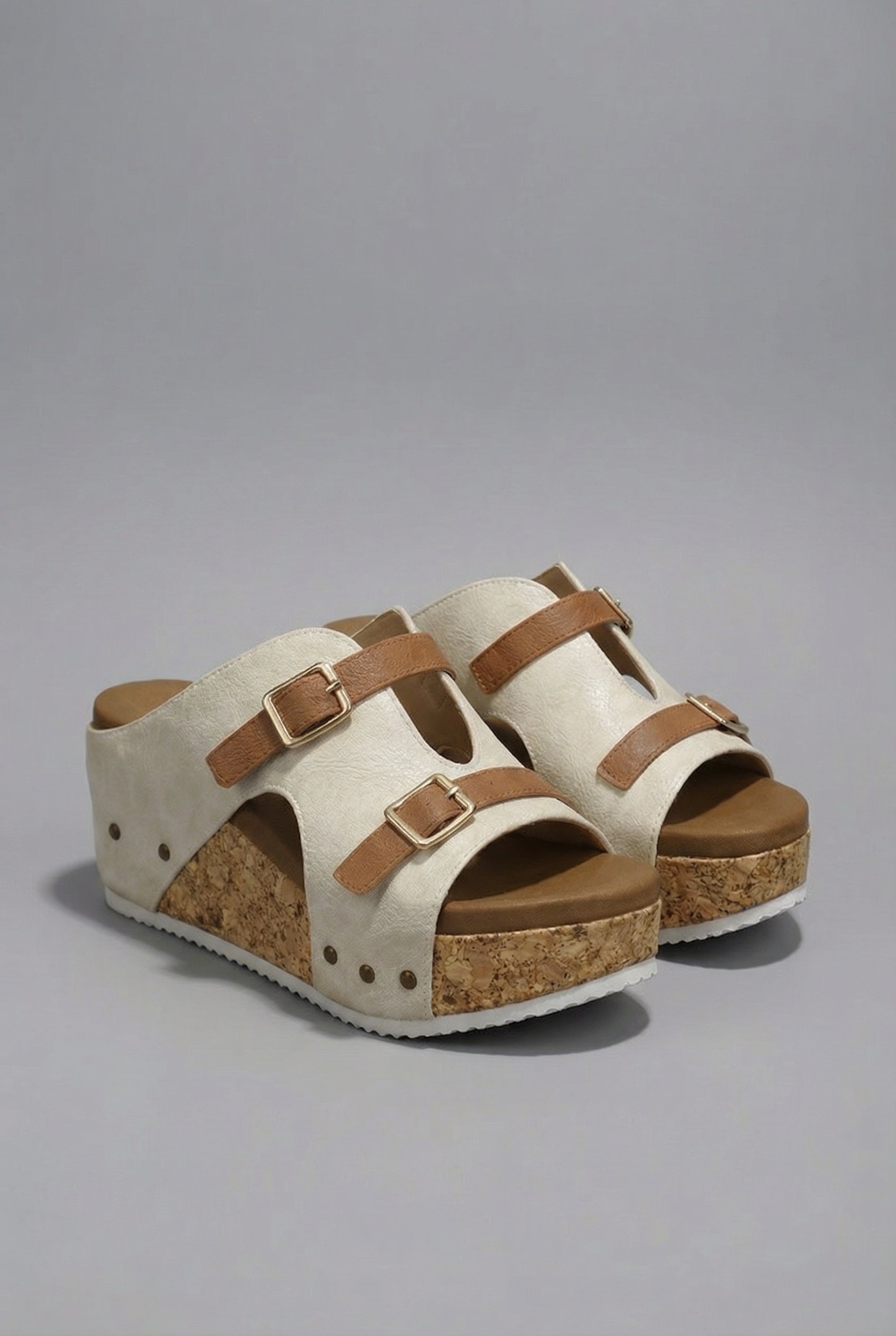 Women's Cork Platform Sandals Double Buckle Strap Wedge Open Toe Fashion Footwear