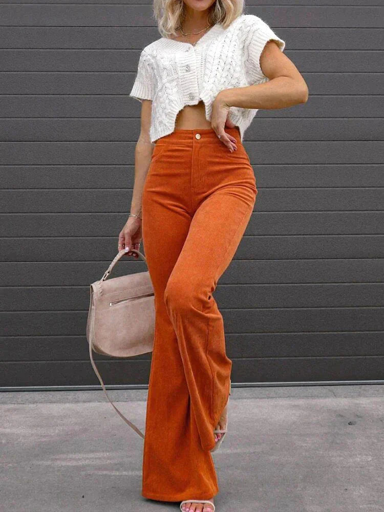 Women's Flare Pants Corduroy Cotton Blend High Waist Pockets Casual Work