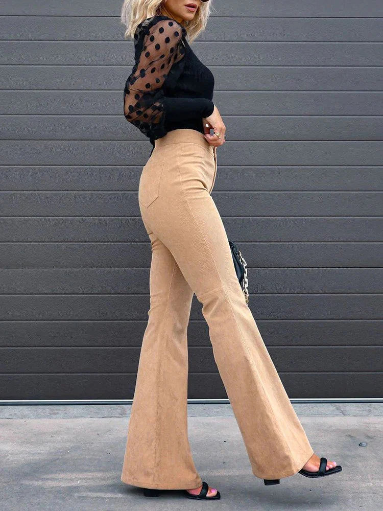 Women's Flare Pants Corduroy Cotton Blend High Waist Pockets Casual Work