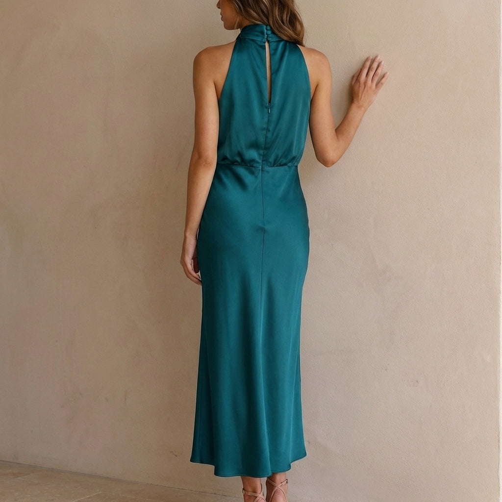 Satin Halter Neck Midi Dress Draped Blouson Waist Sleeveless Body Skimming Evening Wear