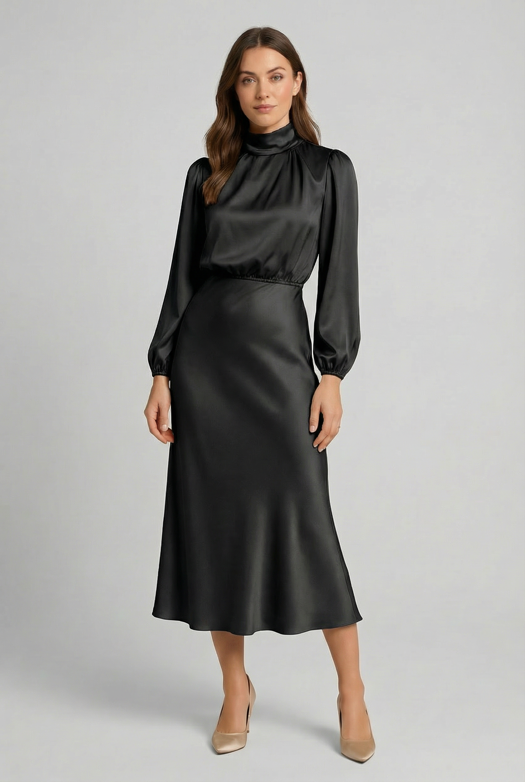 Women's High Neck Satin Midi Dress Long Sleeve High Waist Formal Evening Gown