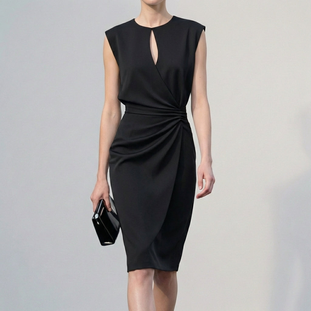 Women's Ruched Waist Knee-Length Dress with Cap Sleeves and Keyhole Neckline