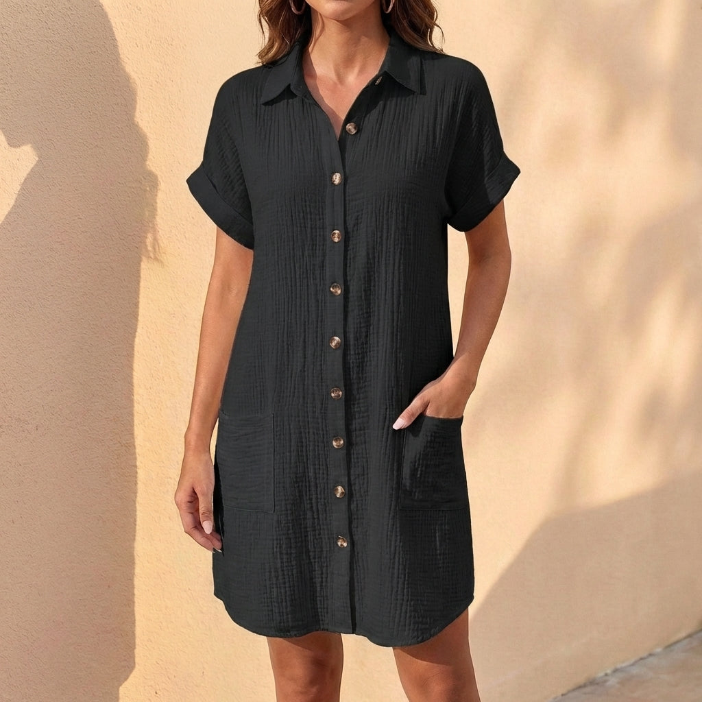 Linen Blend Relaxed Fit Midi Shirt Dress with Button Front and Short Cuffed Sleeves