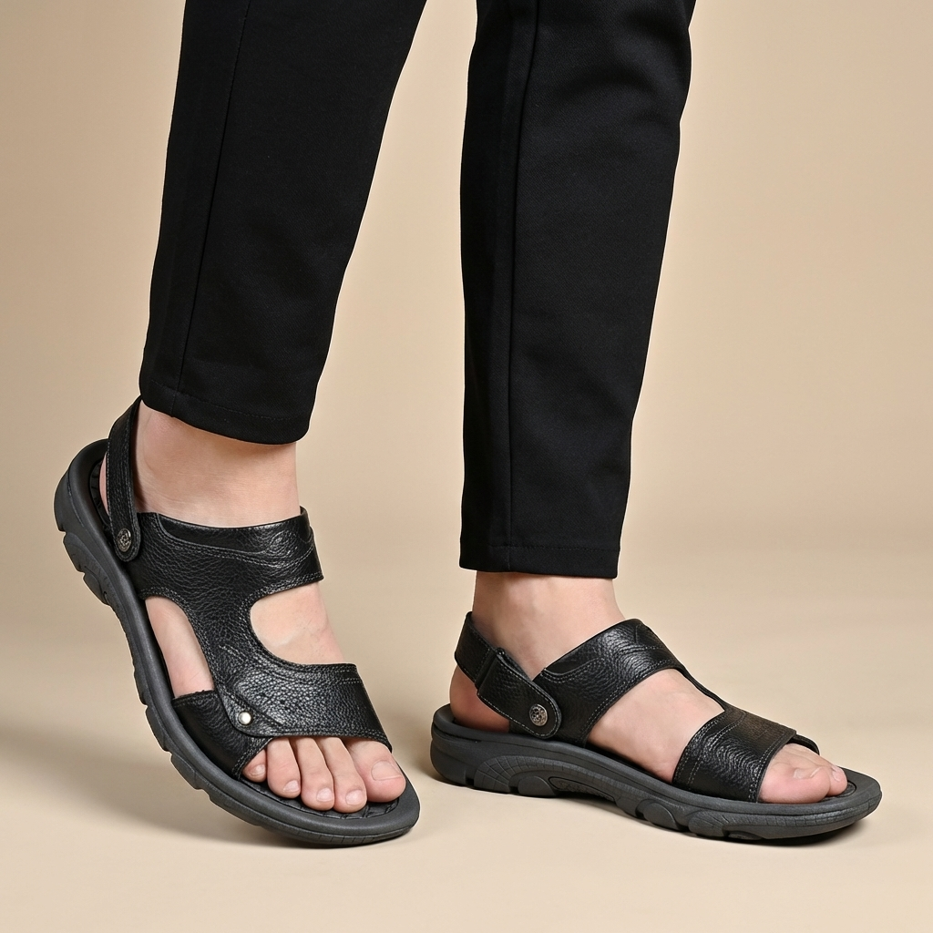 Men's Leather Beach Sandals Open Toe Backstrap Walking Shoes Comfortable Casual Flats