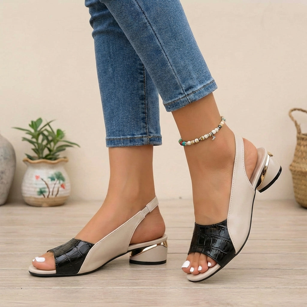 Women's Slingback Block Heel Sandals Metallic Accent Embossed Strap Casual Shoes