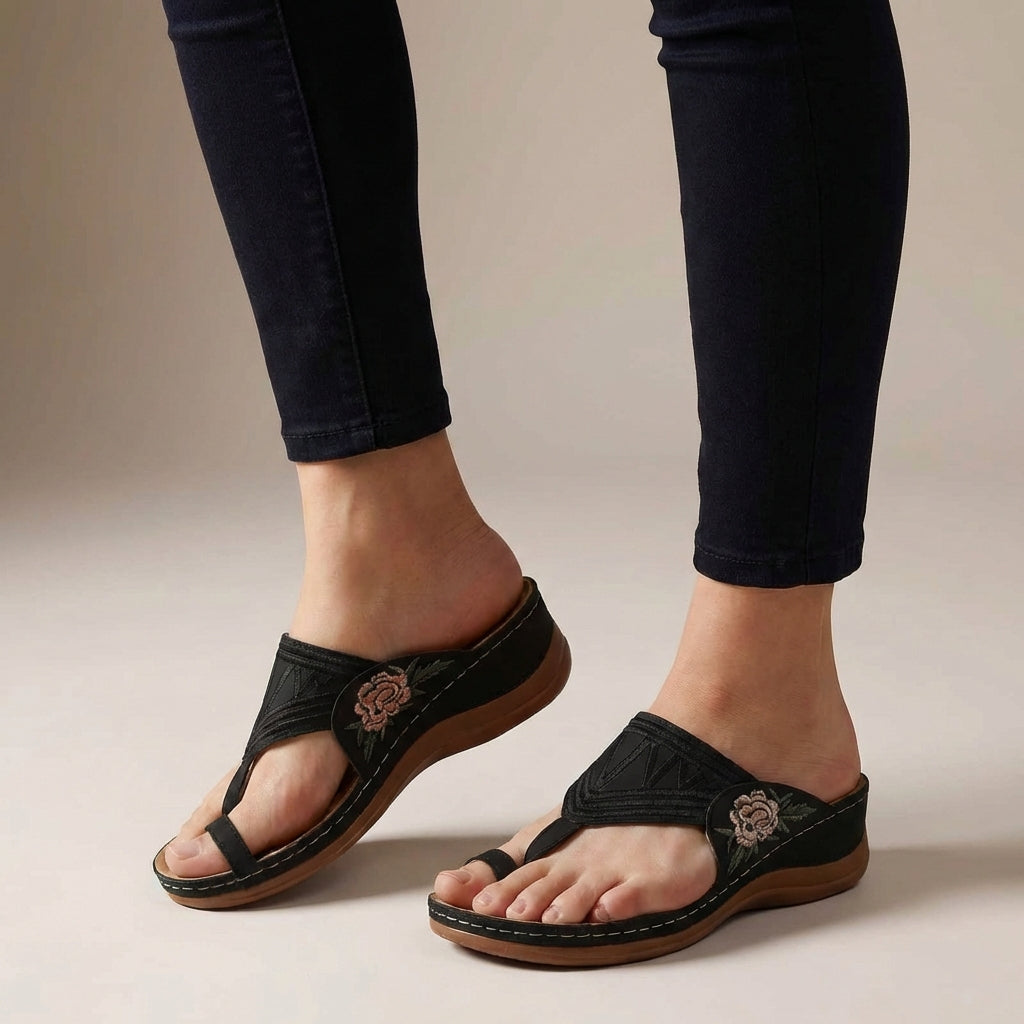 Women's Floral Embroidered Wedge Sandals Open Toe Thong Platform Walking Shoes
