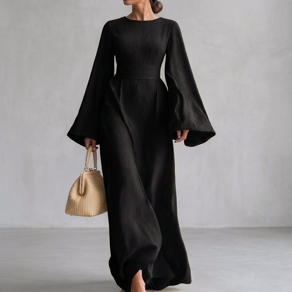 Bell Sleeve Maxi Dress Crew Neck Ribbed Texture Belted Flowy Long Sleeve Dress