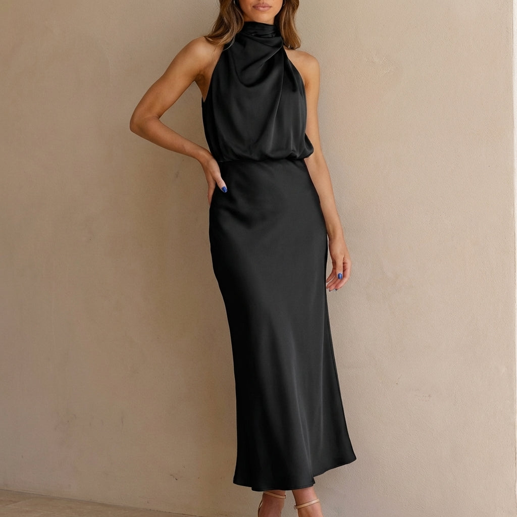 Satin Halter Neck Midi Dress Draped Blouson Waist Sleeveless Body Skimming Evening Wear