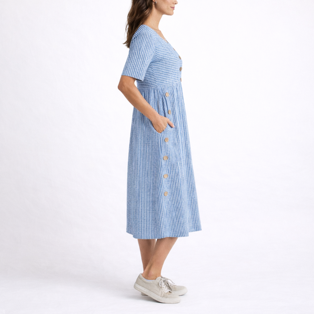 Striped Button Detail Midi Dress