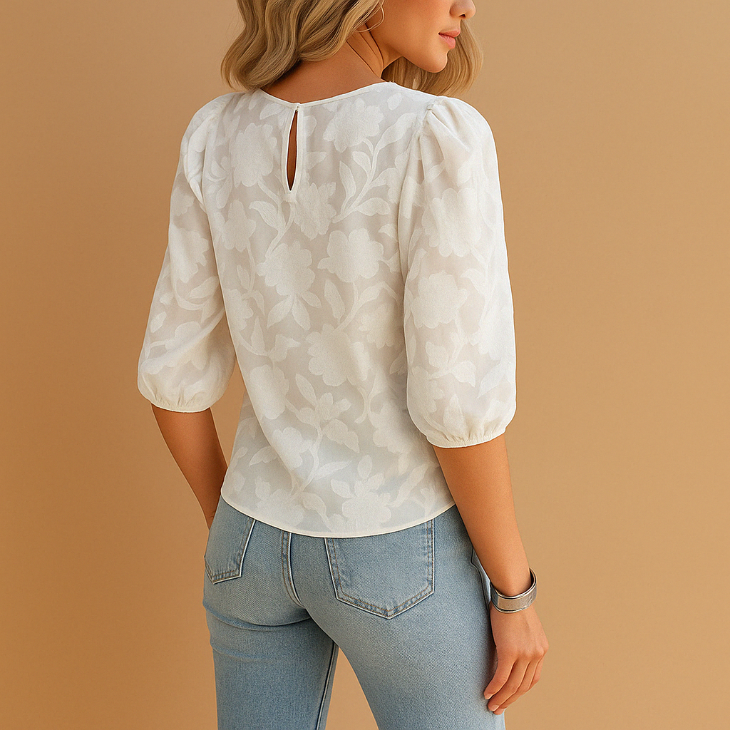 Women's floral top round neck puff sleeves