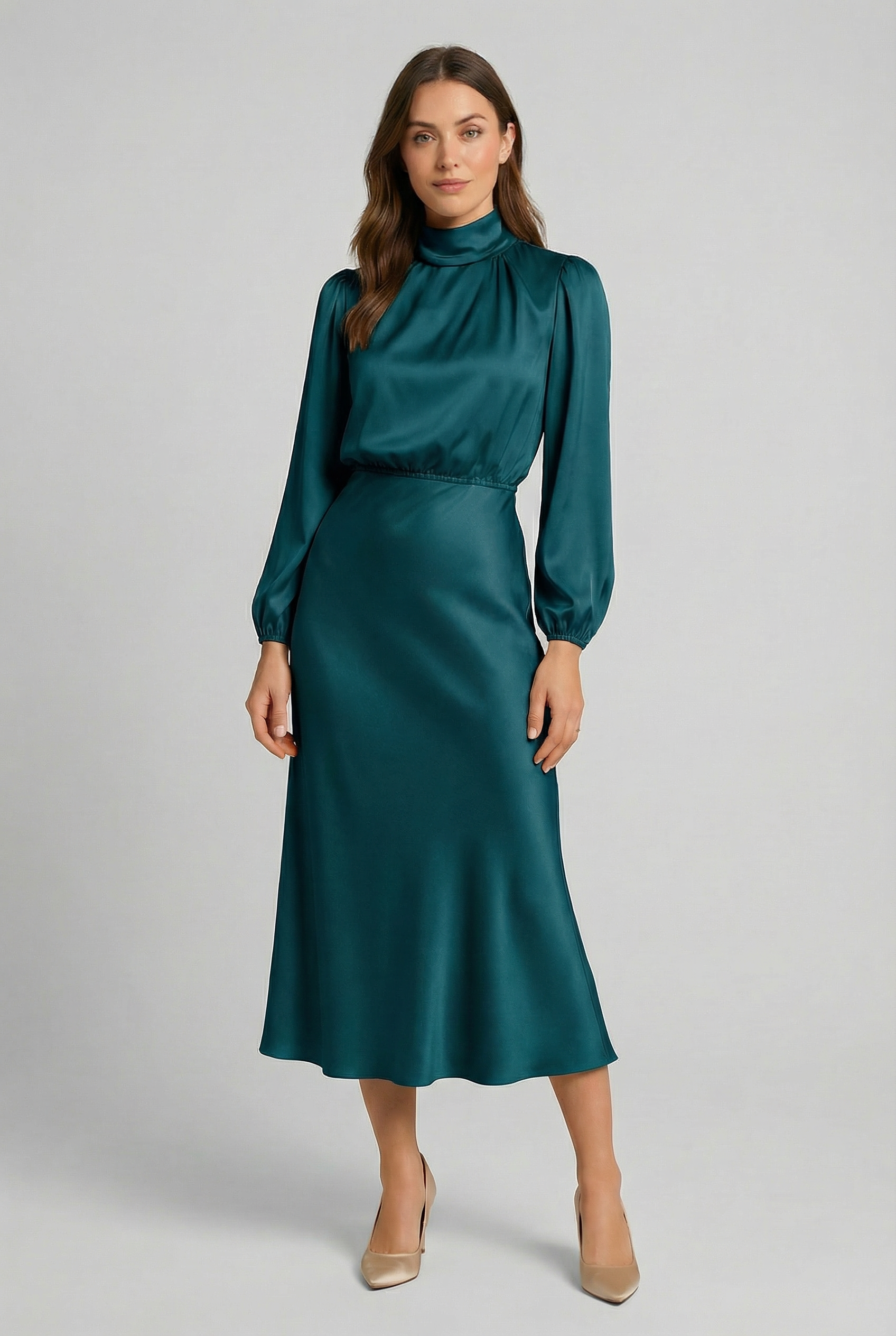 Women's High Neck Satin Midi Dress Long Sleeve High Waist Formal Evening Gown