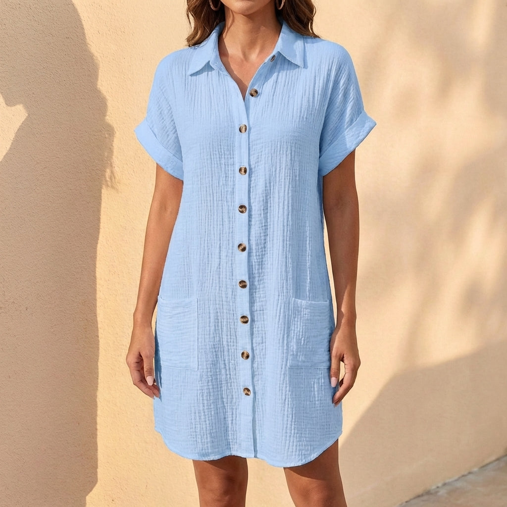 Linen Blend Relaxed Fit Midi Shirt Dress with Button Front and Short Cuffed Sleeves