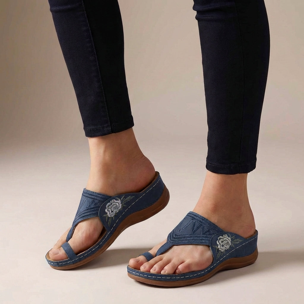 Women's Floral Embroidered Wedge Sandals Open Toe Thong Platform Walking Shoes
