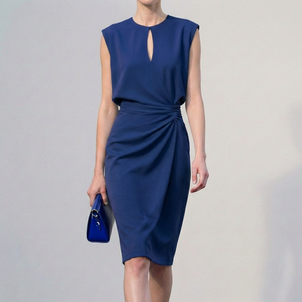 Women's Ruched Waist Knee-Length Dress with Cap Sleeves and Keyhole Neckline