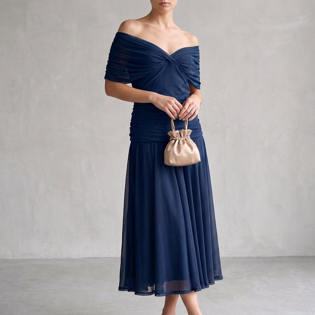 Off-Shoulder A-Line Midi Dress Ruched Cocktail Gown with Pleated Skirt for Women