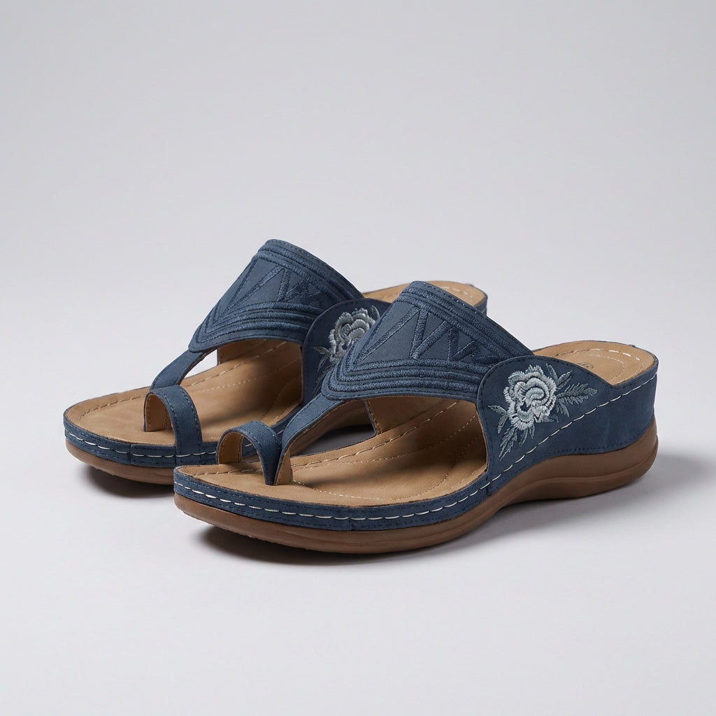 Women's Floral Embroidered Wedge Sandals Open Toe Thong Platform Walking Shoes