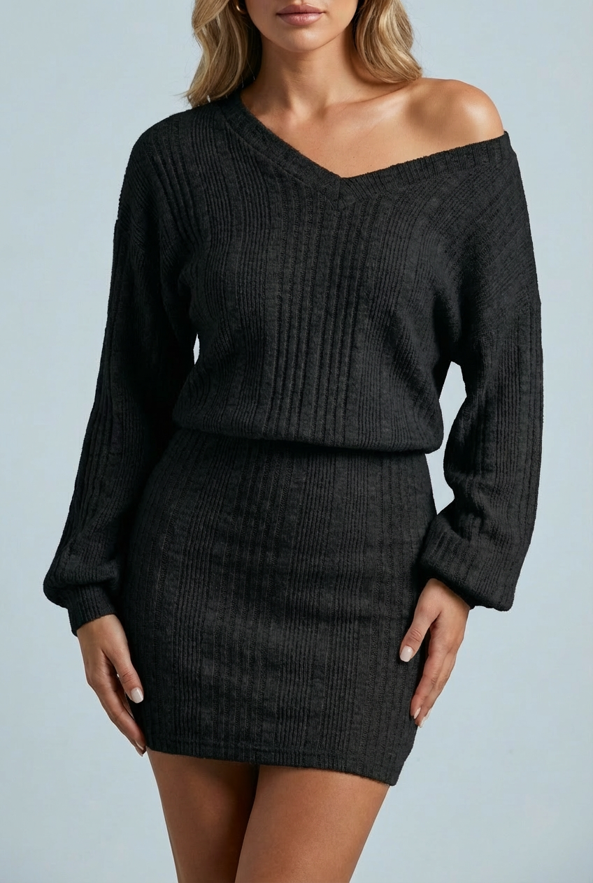 V-Neck Ribbed Knit Mini Dress Long Sleeve Bodycon Ruched Skirt Sweater Dress