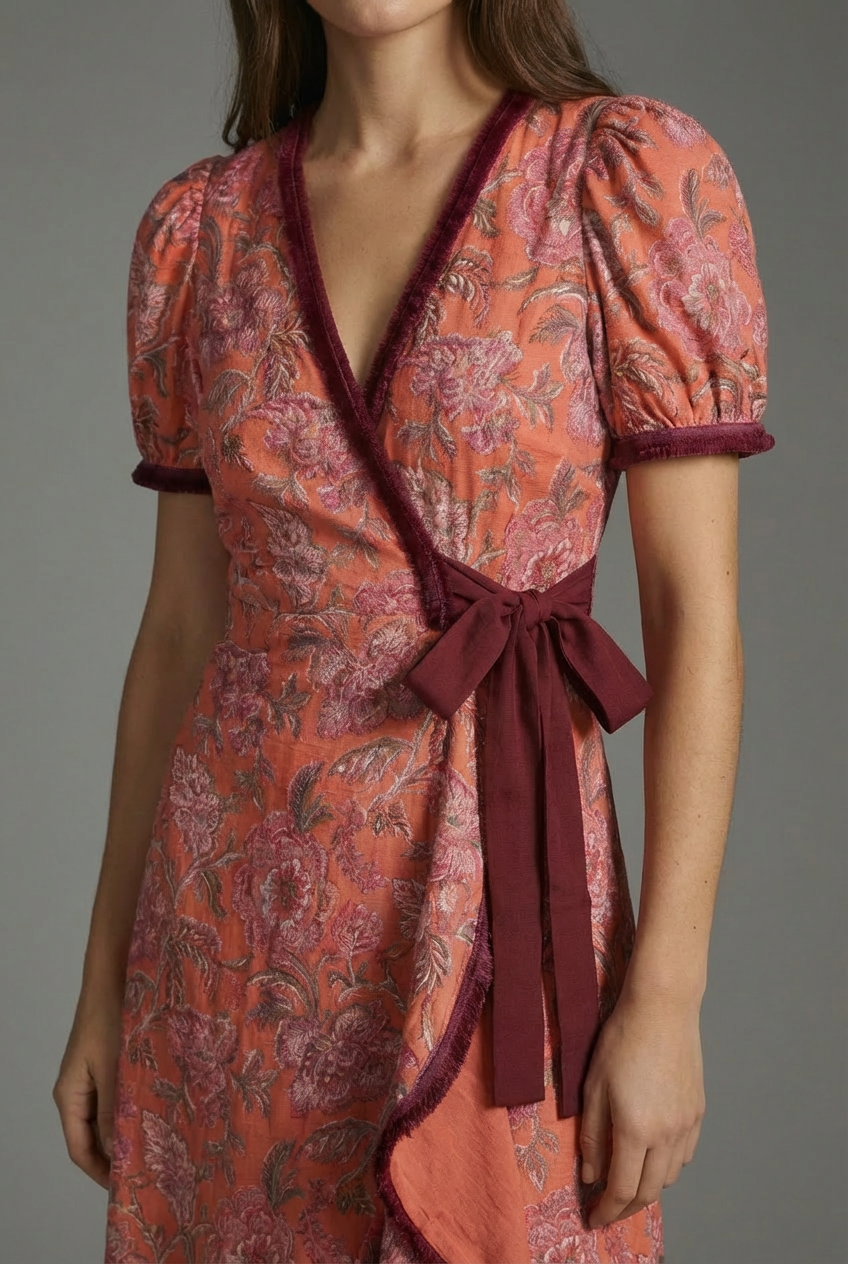 Puff Sleeve Midi Dress Wrap Style Ruffle Hem Floral Print Short Sleeve Occasion Dress