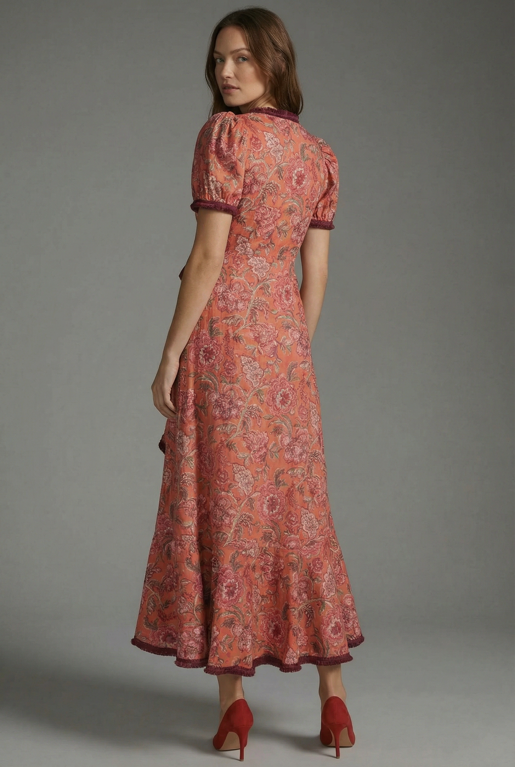 Puff Sleeve Midi Dress Wrap Style Ruffle Hem Floral Print Short Sleeve Occasion Dress