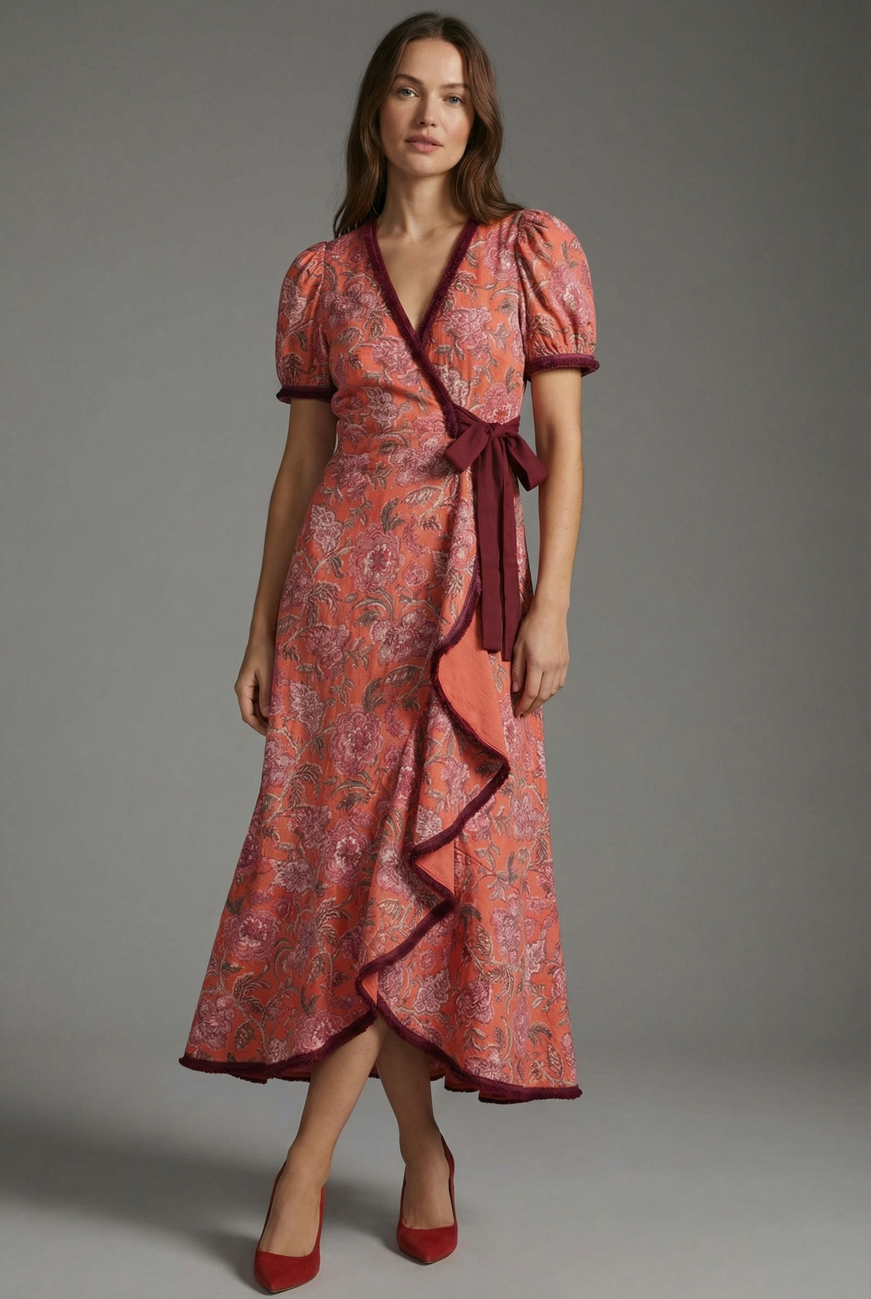 Puff Sleeve Midi Dress Wrap Style Ruffle Hem Floral Print Short Sleeve Occasion Dress