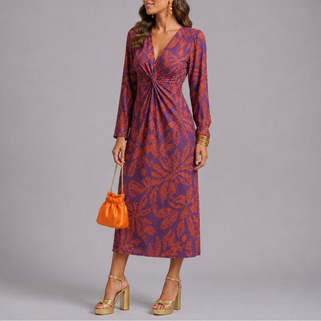 Floral Printt V-Neck Midi Dress