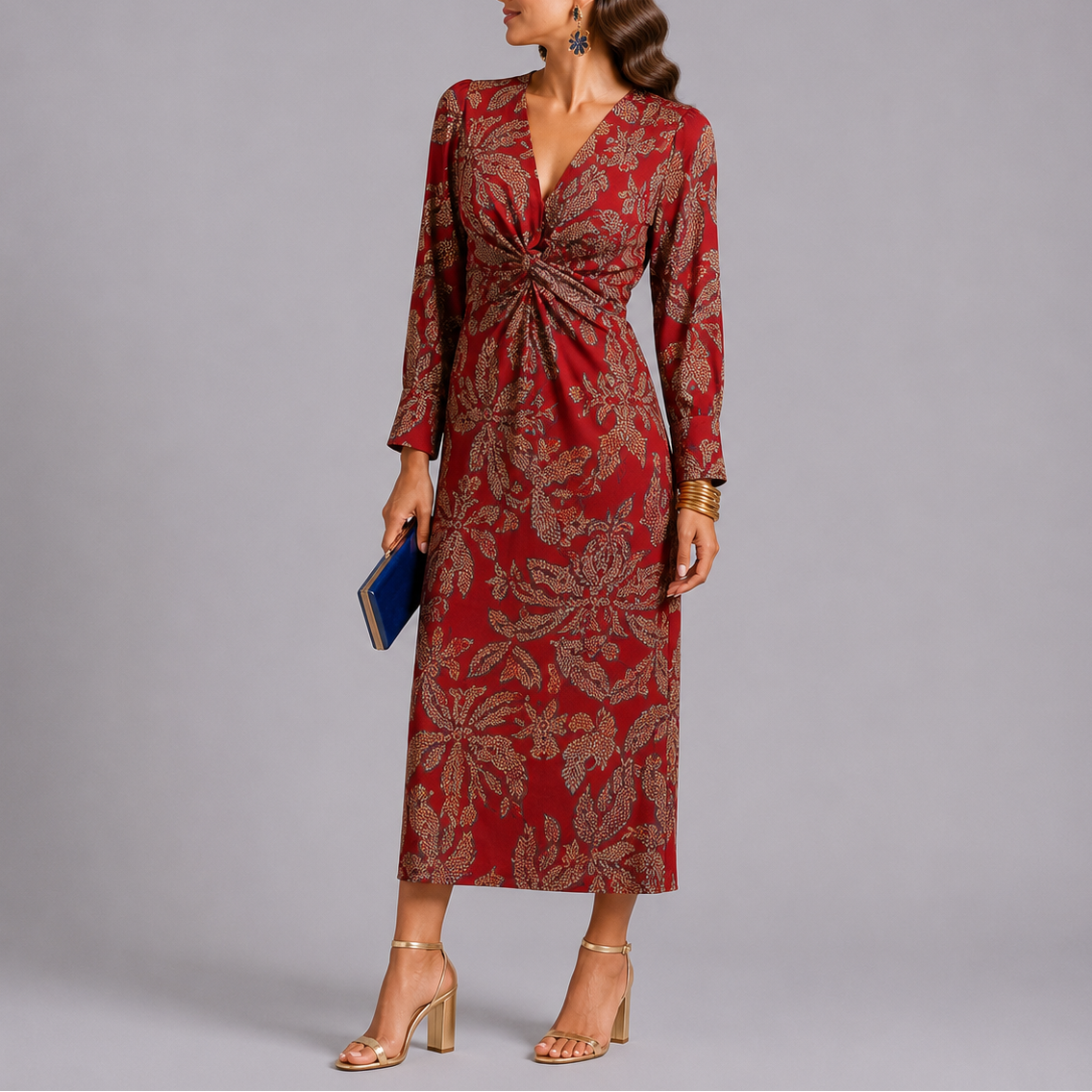 Floral Printt V-Neck Midi Dress