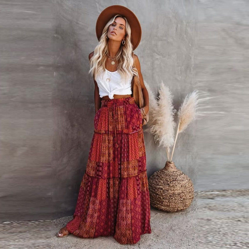 Women's tiered floral maxi skirt with high elastic waist — summer