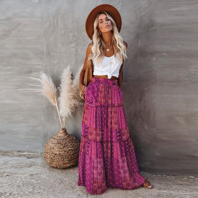 Women's tiered floral maxi skirt with high elastic waist — summer