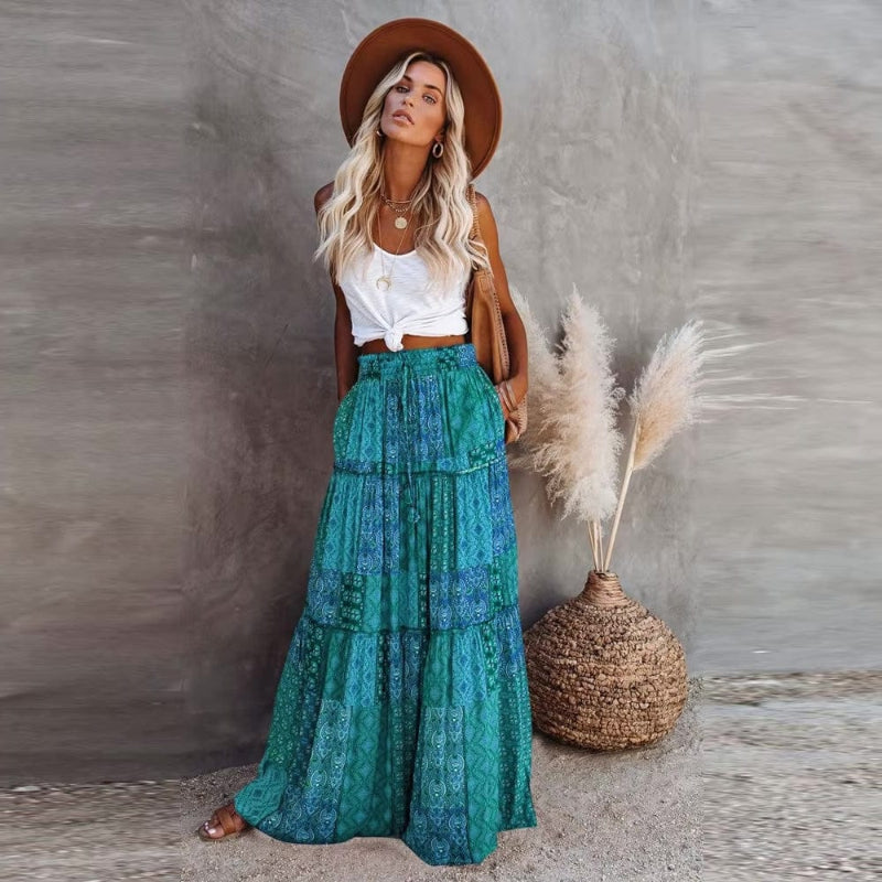 Women's tiered floral maxi skirt with high elastic waist — summer