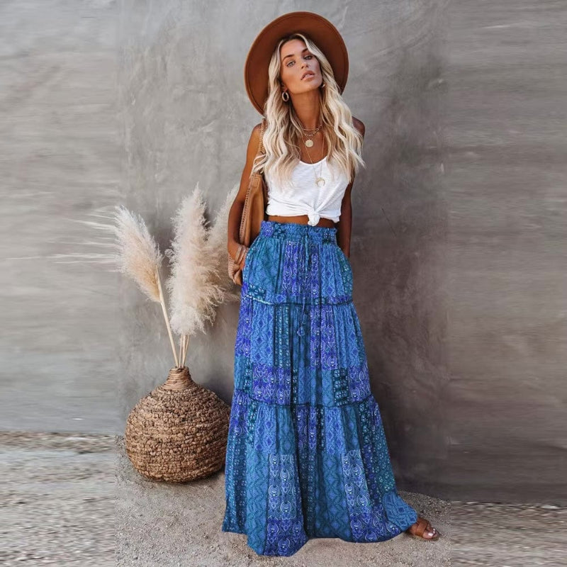 Women's tiered floral maxi skirt with high elastic waist — summer