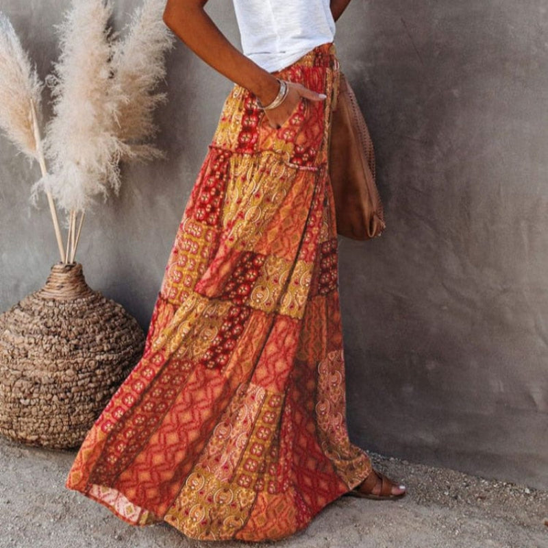Women's tiered floral maxi skirt with high elastic waist — summer