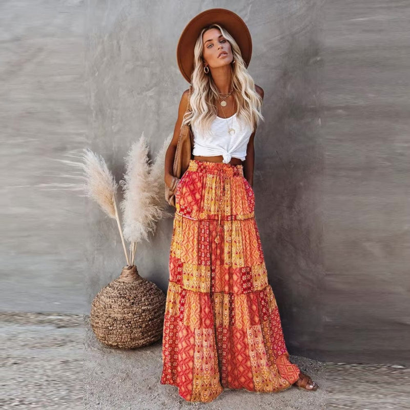 Women's tiered floral maxi skirt with high elastic waist — summer