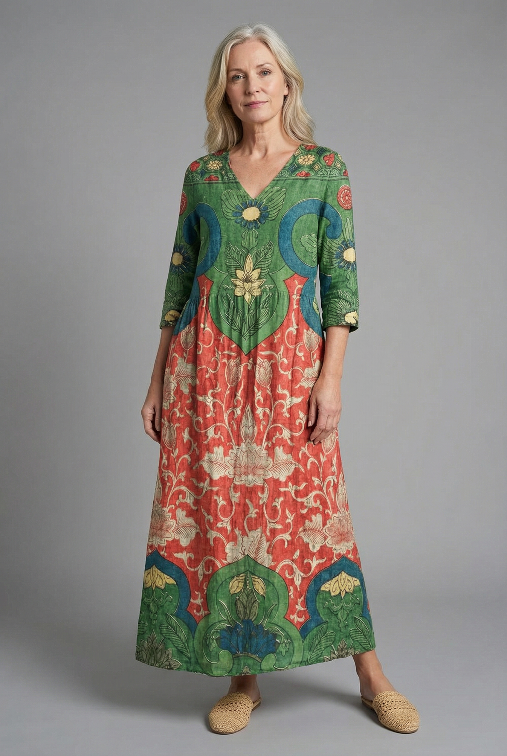 Boho Maxi Dress with V-Neck Floral Print and Three-Quarter Sleeves